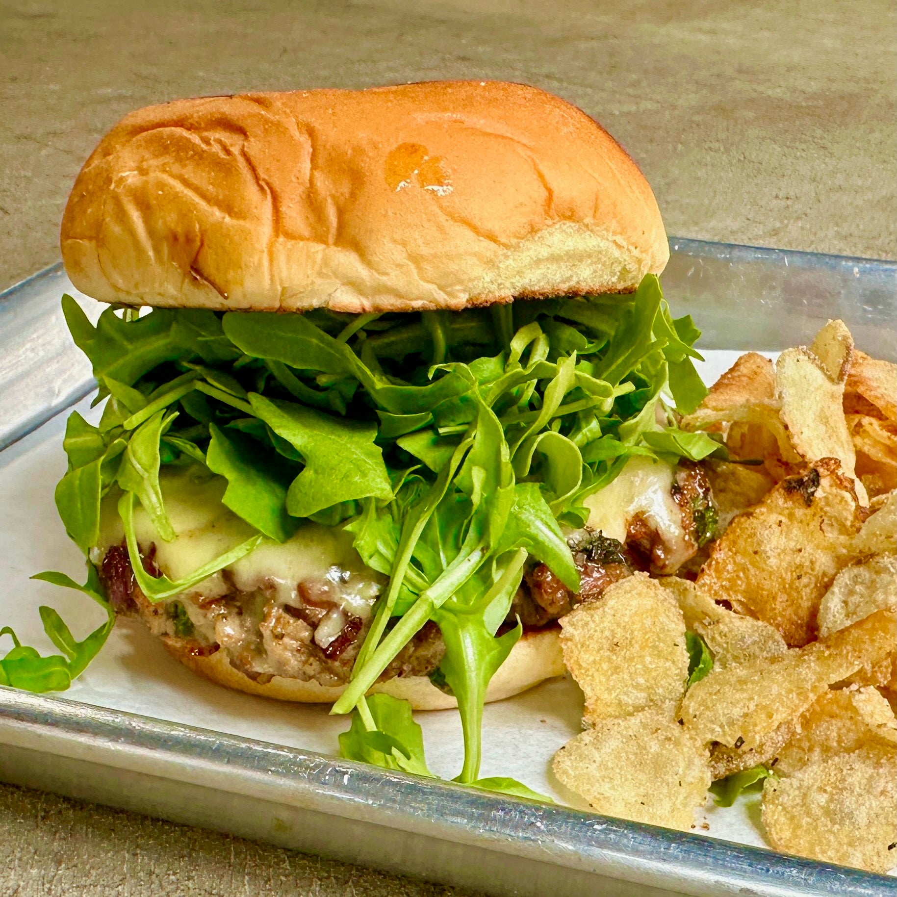 Mushroom Turkey Cheddar Burger With Cacio Pepe Potato Chips